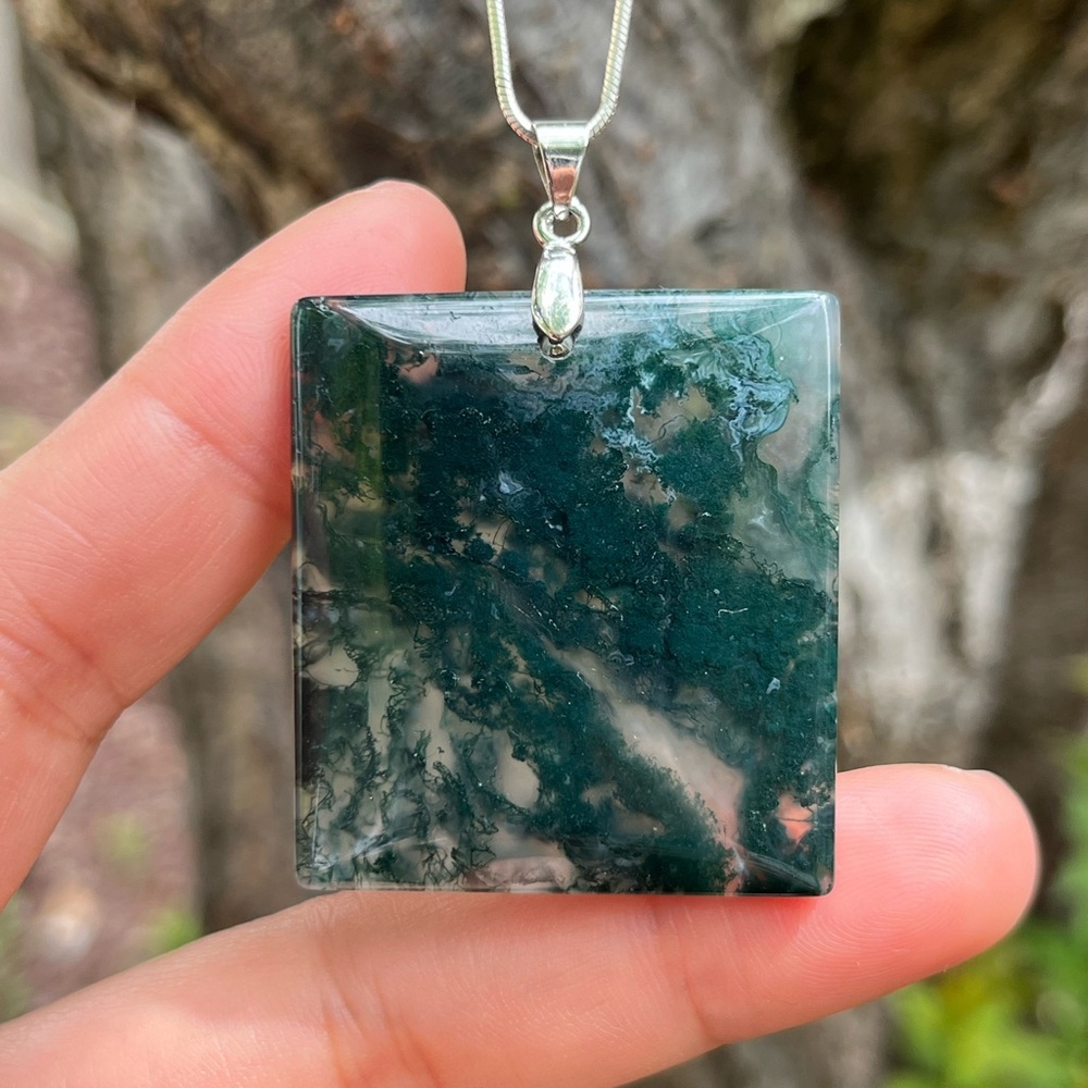 Sterling silver rectangular dark green moss agate pendant 0847